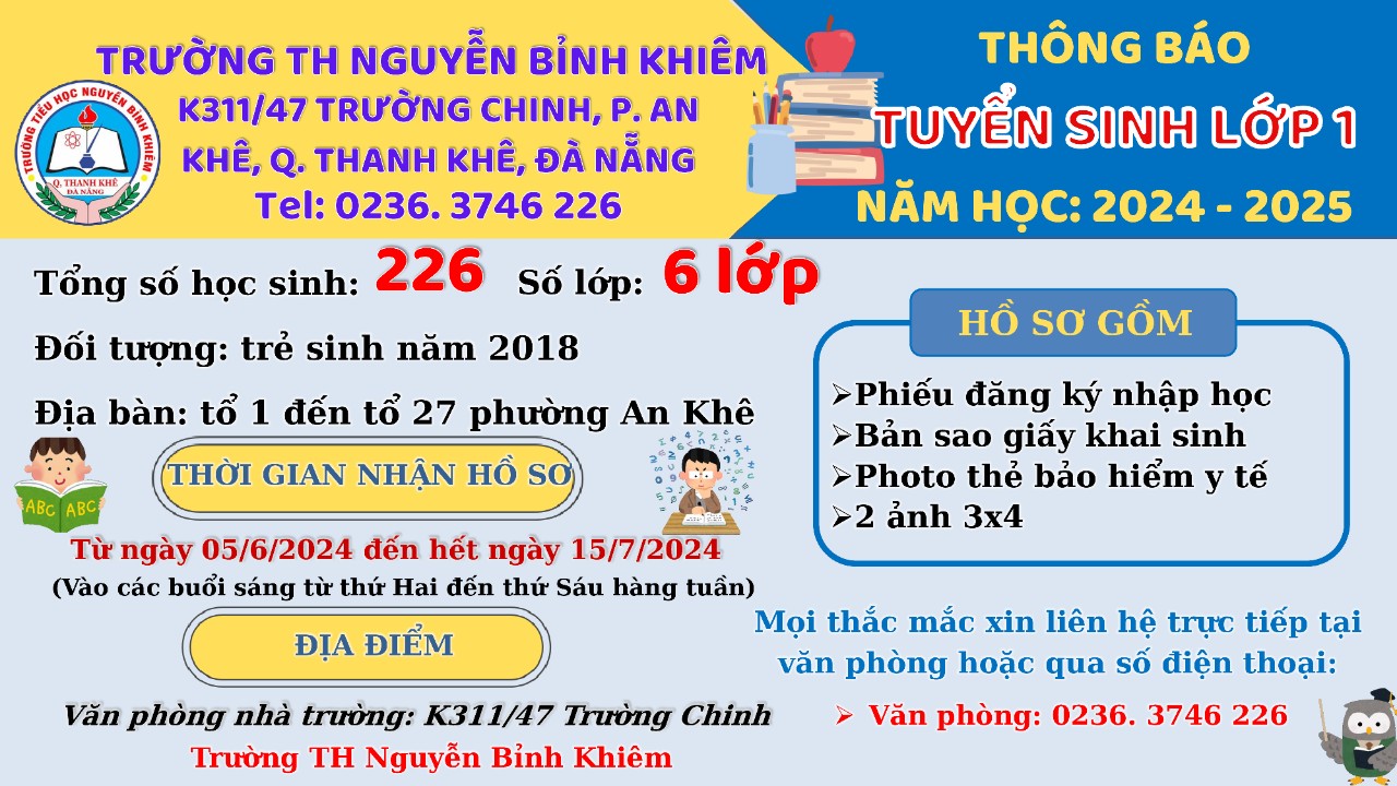 THÔNG BÁO TUYỂN SINH LỚP 1 – TRƯỜNG TH NGUYỄN BỈNH KHIÊM – NH 2024-2025